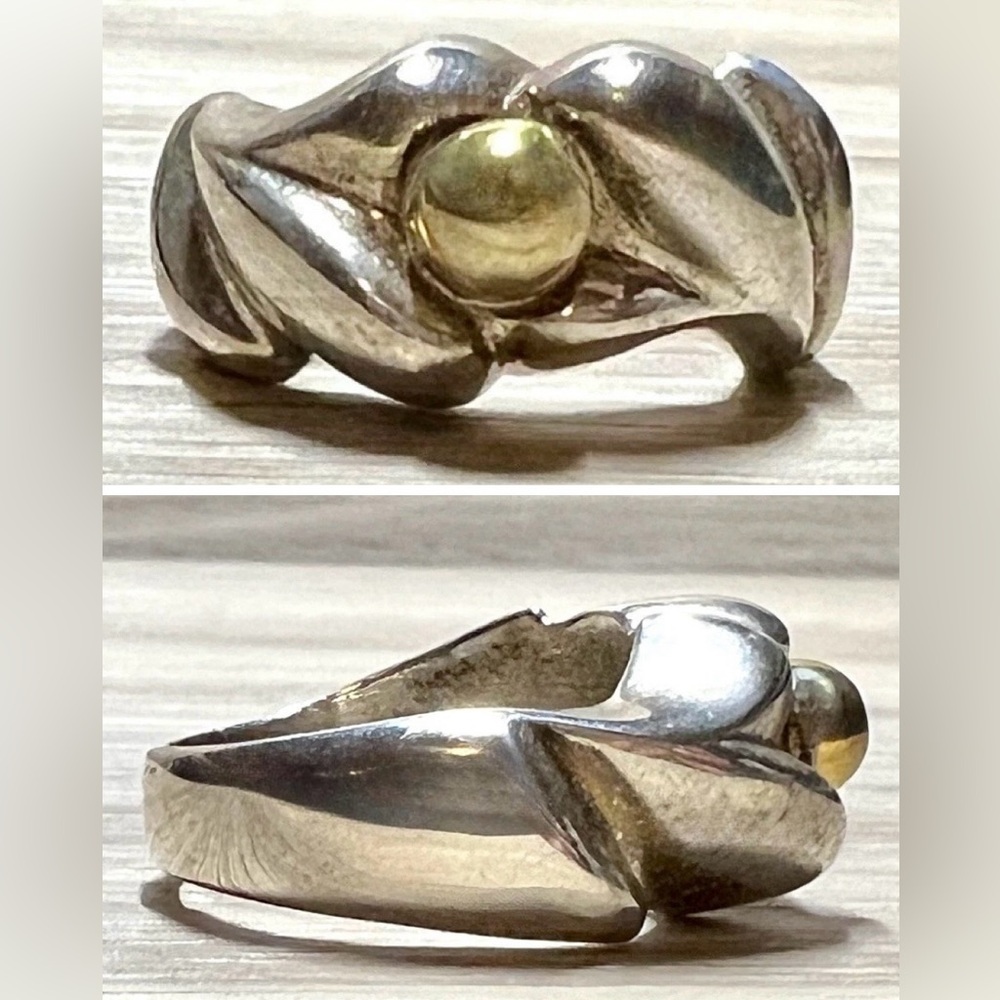 Vintage Designer Signed Sterling Silver & Yellow Gold Band Ring, Size 4.5, 10.6g